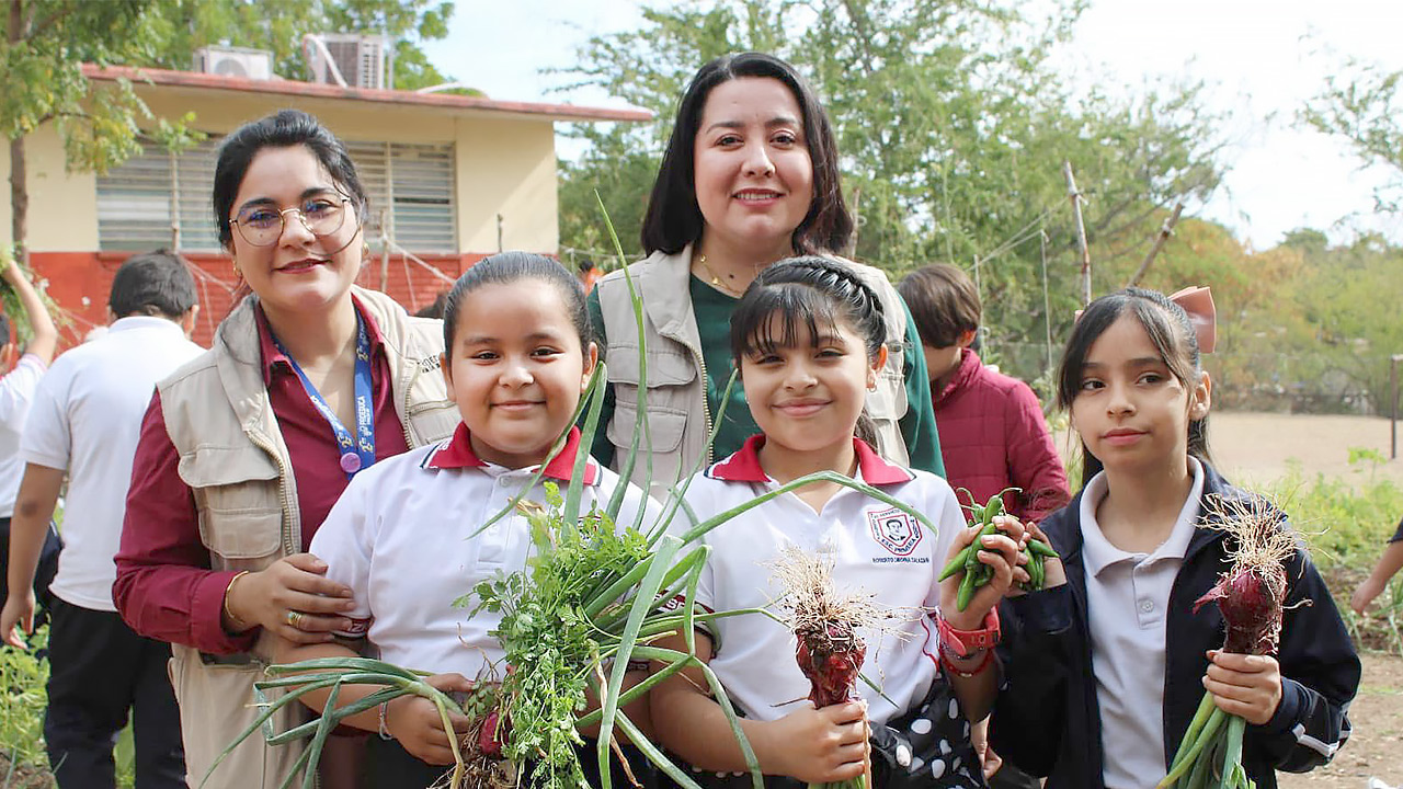 Niñas y niños participan en actividades de un huerto escolar